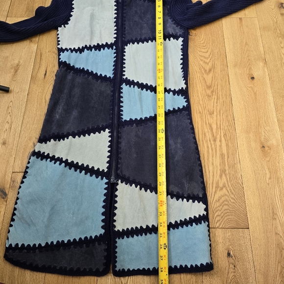 Vintage Airport Blue Suede Patchwork Knit Long Cardigan Medium - Picture 11 of 11